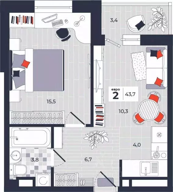 2-к кв. Тульская область, Тула ул. Академика Насоновой, 1А (43.7 м) - Фото 1