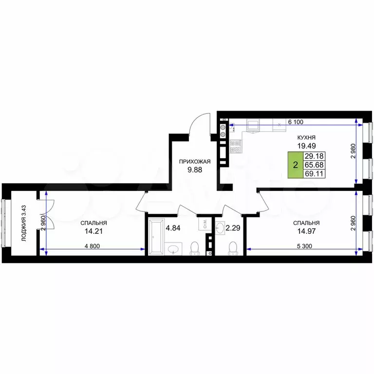 2-к. квартира, 69,1 м, 6/7 эт. - Фото 1