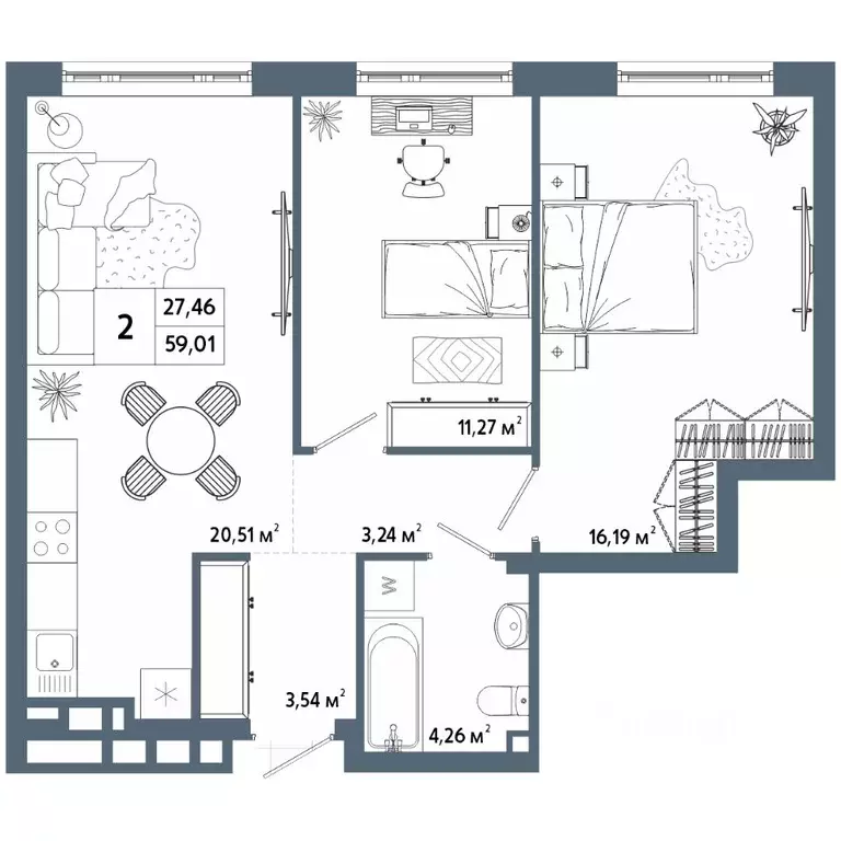 2-к кв. Башкортостан, Уфа 42-й кв-л,  (59.38 м) - Фото 1
