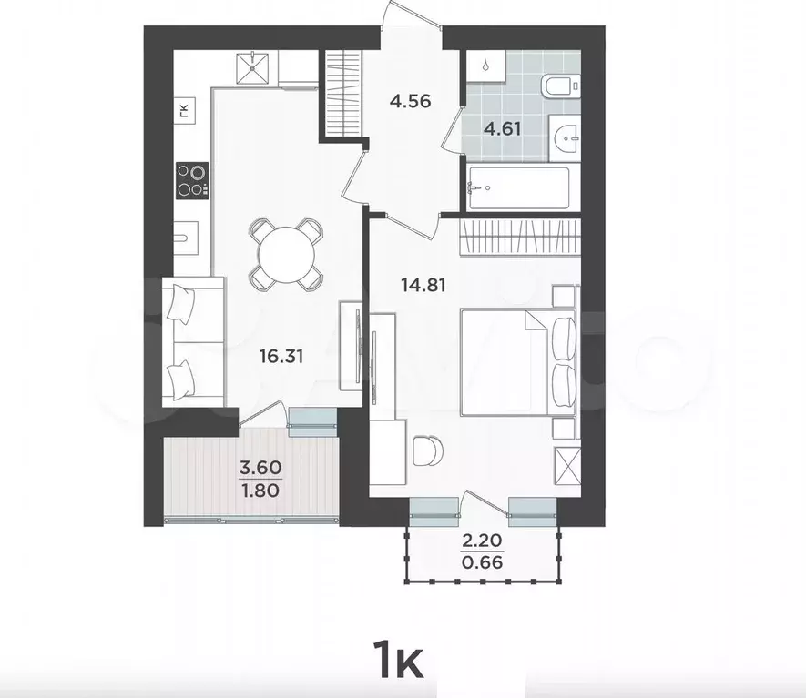 1-к. квартира, 42,8 м, 9/9 эт. - Фото 1