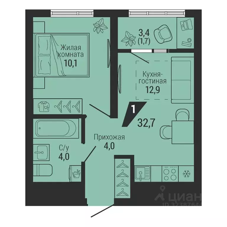 1-к кв. Свердловская область, Екатеринбург Вторчермет жилрайон,  (32.7 ... - Фото 2
