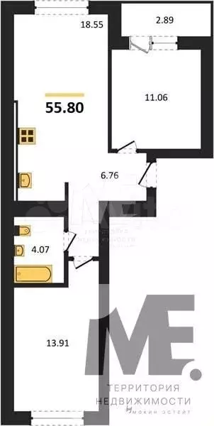 2-к. квартира, 55,8 м, 2/6 эт. - Фото 0