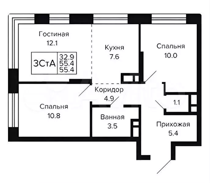 3-к. квартира, 55,4 м, 2/23 эт. - Фото 0