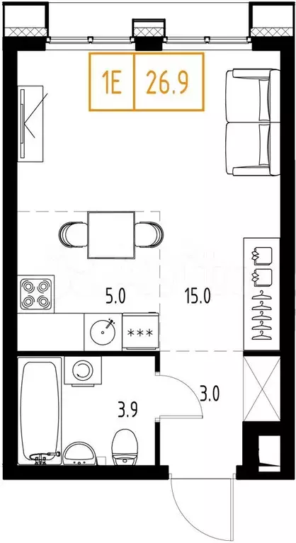 Квартира-студия, 26,9 м, 3/9 эт. - Фото 0