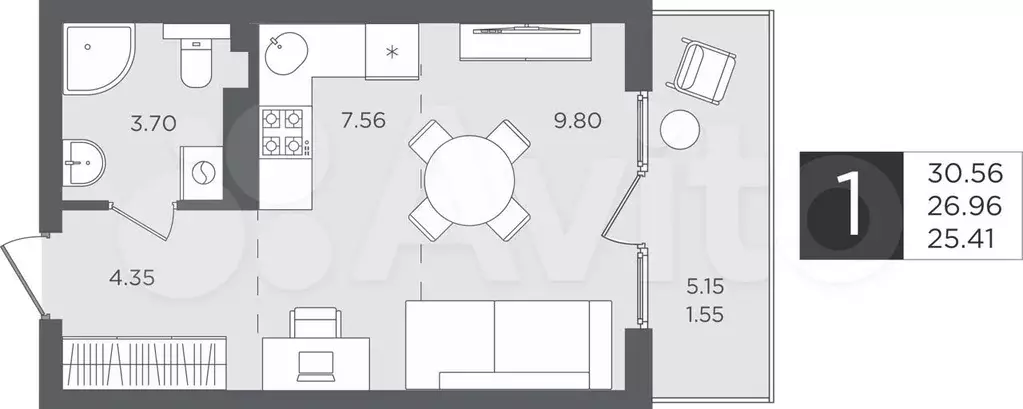 квартира-студия, 30,6 м, 3/4 эт. - Фото 0