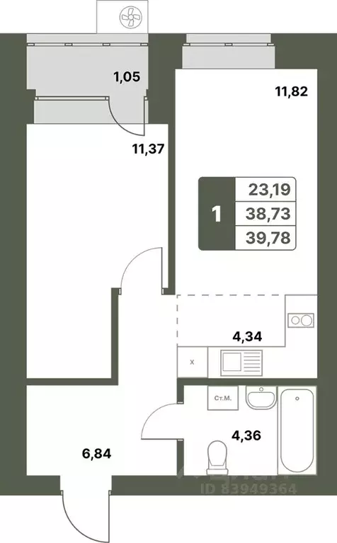 1-к кв. Башкортостан, Уфимский район, с. Миловка  (39.78 м) - Фото 1