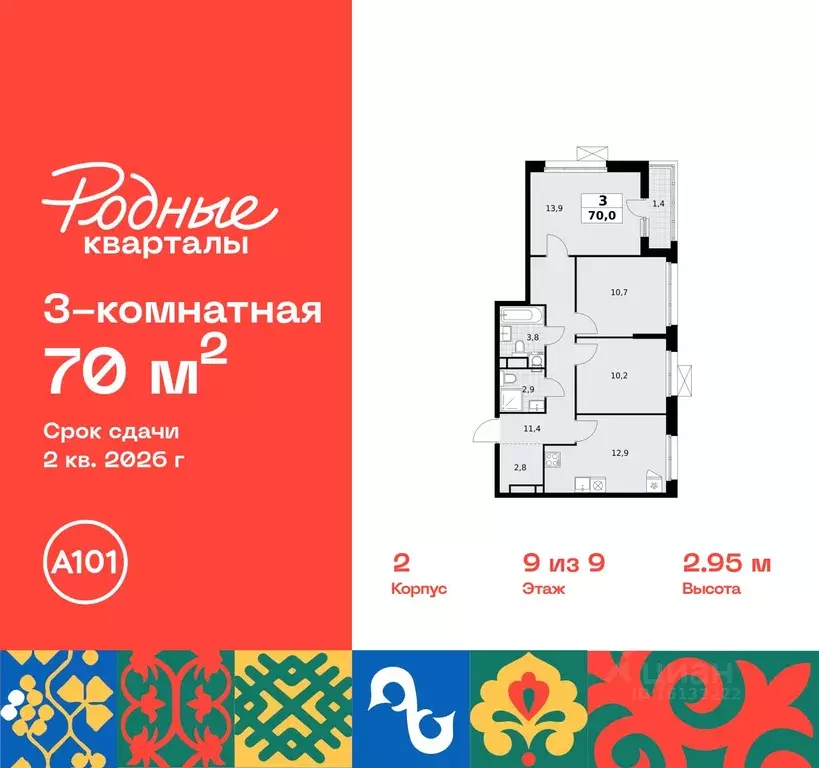 3-к кв. Москва Родные кварталы жилой комплекс, 2 (70.0 м) - Фото 0