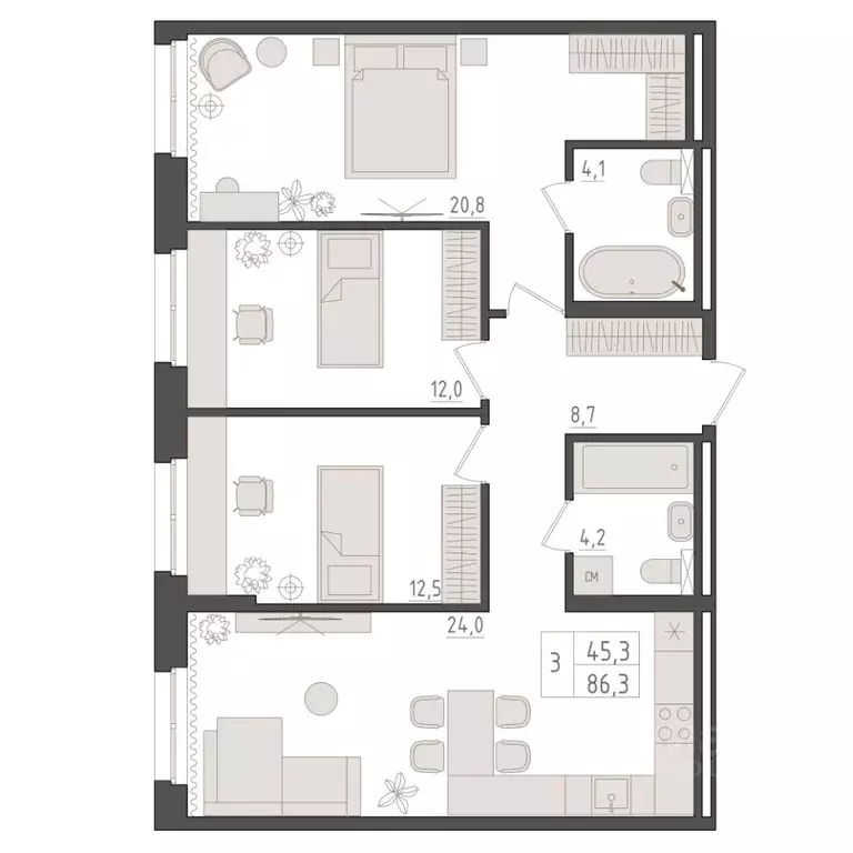 3-к кв. Башкортостан, Уфа 563-й кв-л,  (86.3 м) - Фото 1