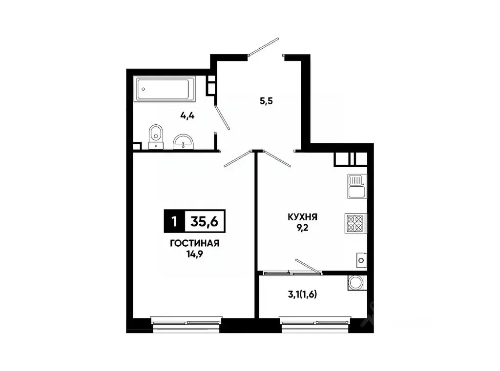 1-к кв. Ставропольский край, Ставрополь ул. Доваторцев, 179В (35.6 м) - Фото 1