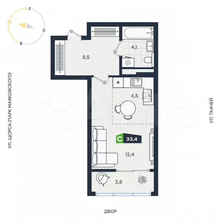 Квартира-студия, 33,4 м, 15/30 эт. - Фото 0