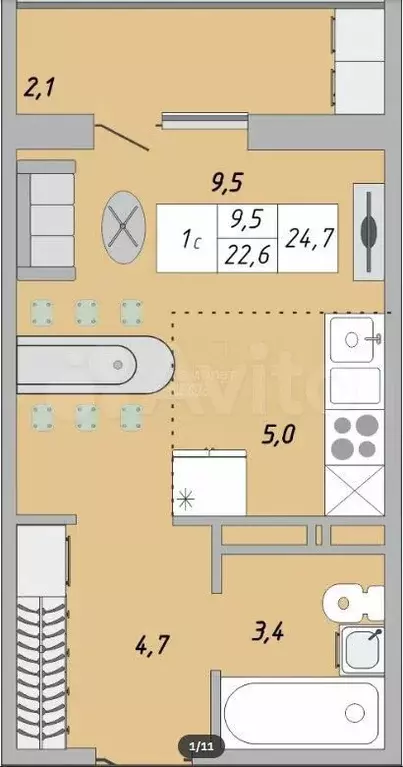 1-к. квартира, 24,7 м, 1/24 эт. - Фото 0