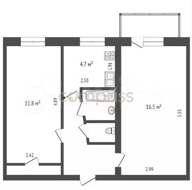 2-к. квартира, 43 м, 5/5 эт. - Фото 0