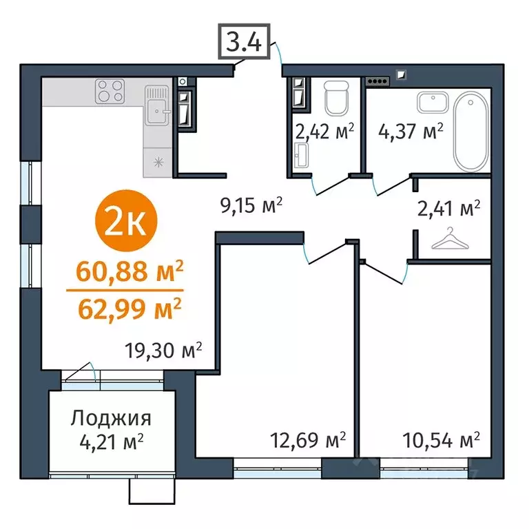 2-к кв. Тюменская область, Тюмень ул. Краснооктябрьская, 12 (60.88 м) - Фото 0