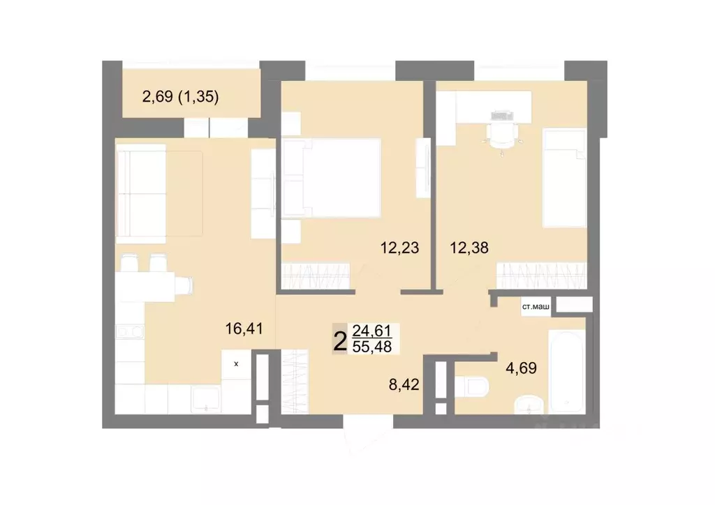 2-к кв. Свердловская область, Екатеринбург ул. Тенистая, 8с5 (55.48 м) - Фото 1