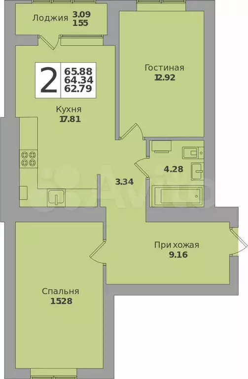 2-к. квартира, 65,9 м, 4/8 эт. - Фото 1