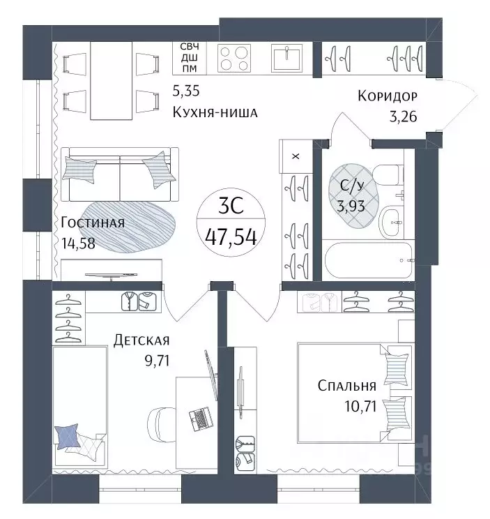 3-к кв. Башкортостан, Уфа Дагестанская ул., 12/1 (47.54 м) - Фото 1