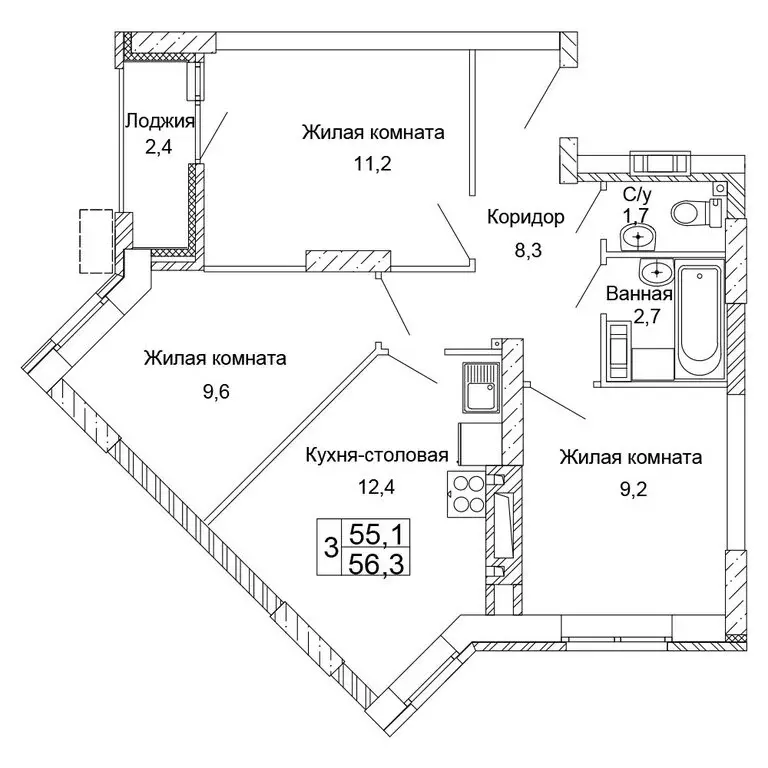 3-комнатная квартира: Волгоград, ЖК Колизей (56.3 м) - Фото 1