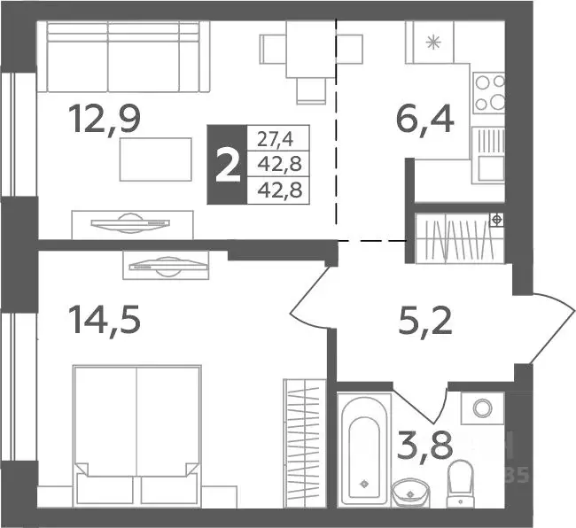 2-к кв. Башкортостан, Уфа ул. Орджоникидзе, 34 (42.8 м) - Фото 1