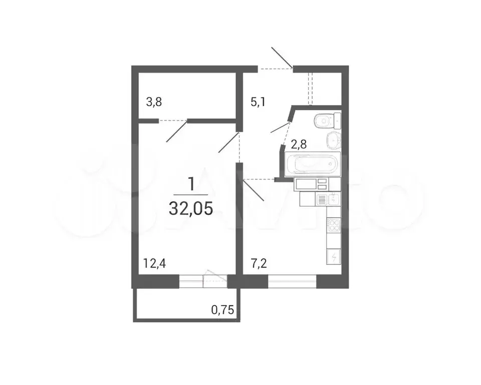 1-к. квартира, 32,1 м, 4/10 эт. - Фото 0