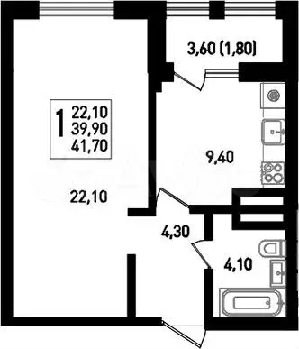 1-к. квартира, 39,9 м, 8/8 эт. - Фото 0