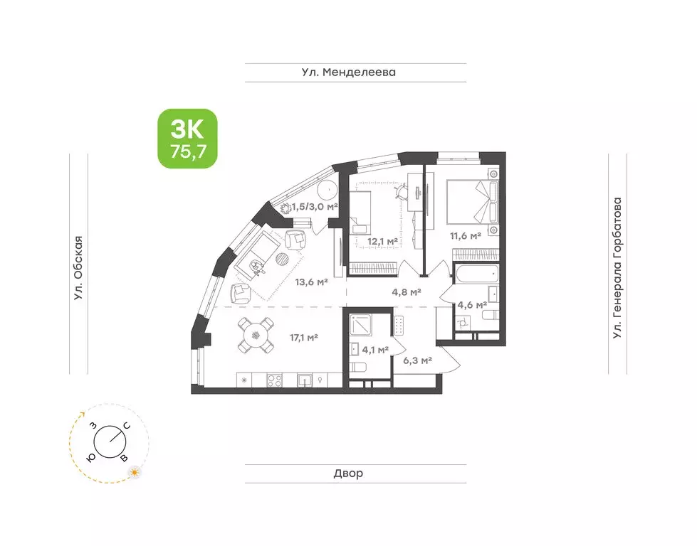 3-комнатная квартира: Уфа, улица Авроры, 30 (73.9 м) - Фото 1