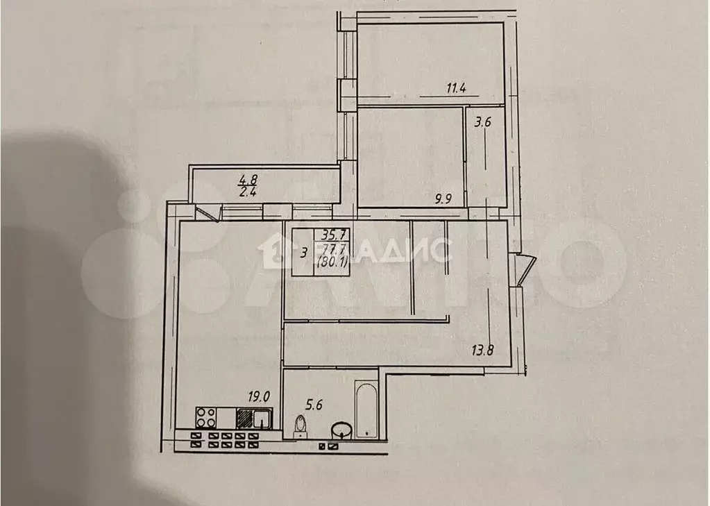 3-к. квартира, 77,9 м, 3/3 эт. - Фото 1