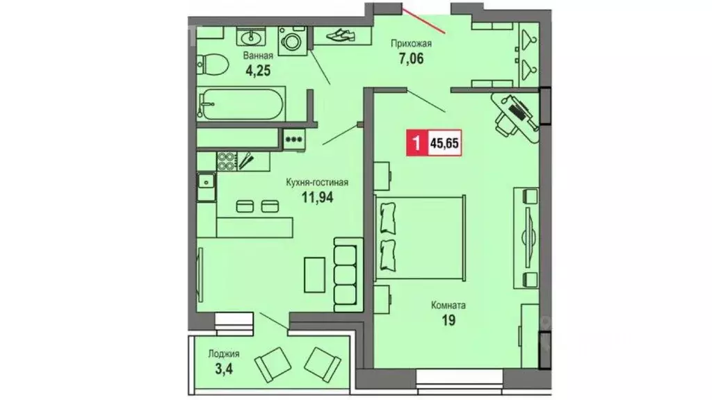 1-к кв. Тверская область, Тверь Оснабрюкская ул., 25 (46.0 м) - Фото 1