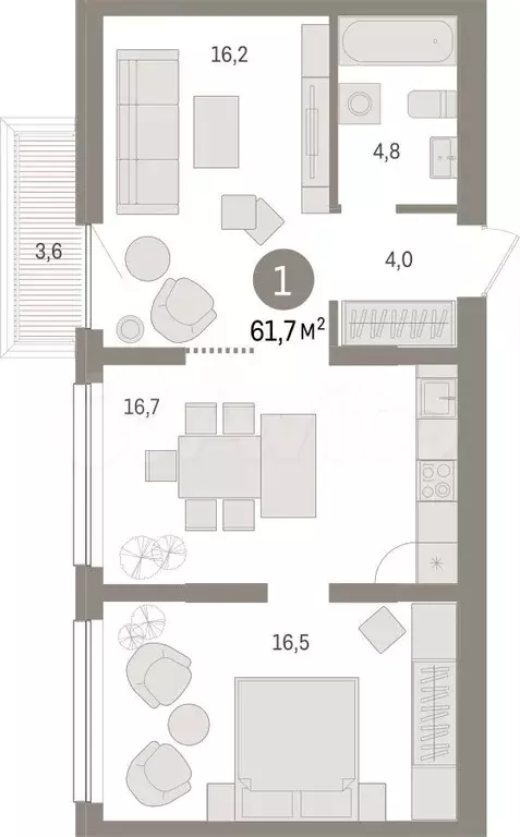 1-к. квартира, 61,7 м, 7/9 эт. - Фото 1