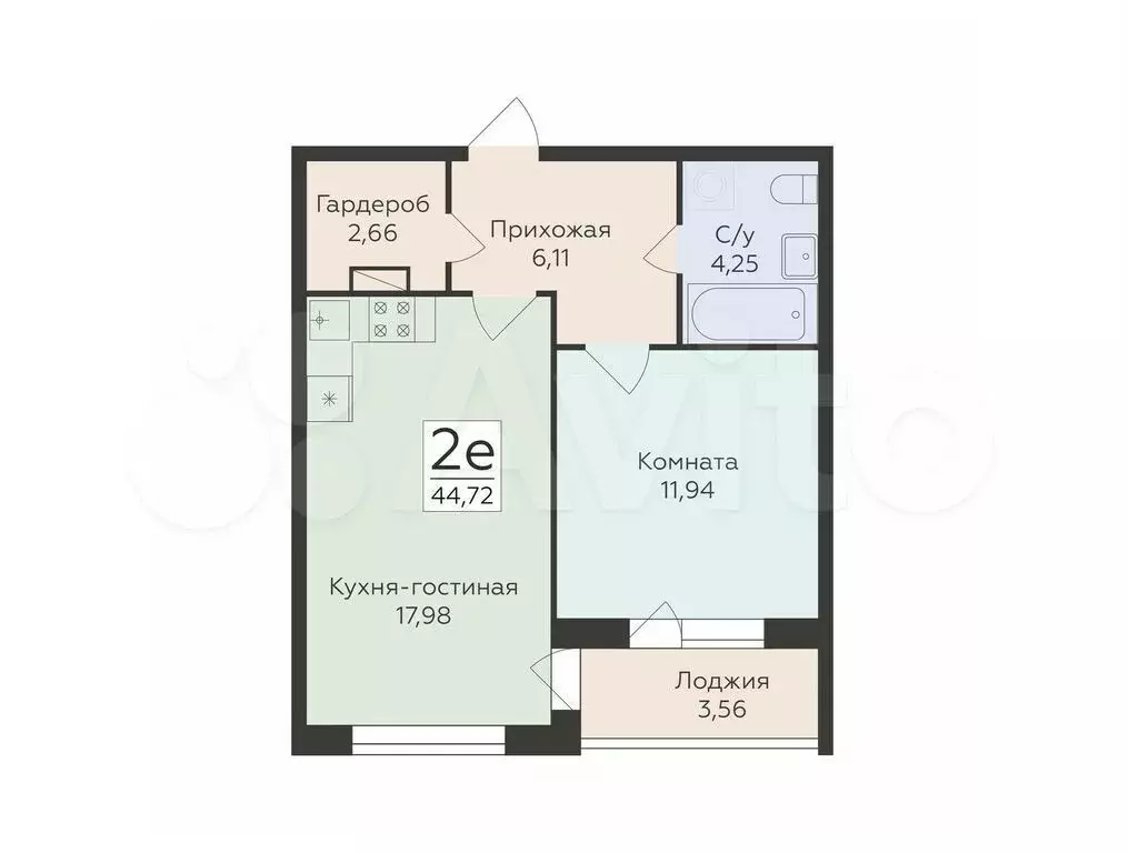 2-к. квартира, 44,7 м, 6/16 эт. - Фото 0