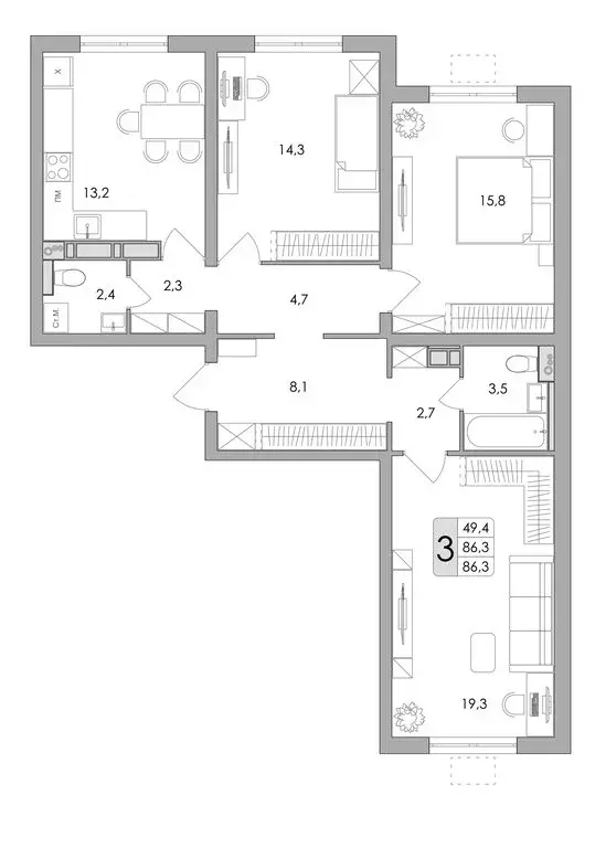 3-комнатная квартира: Воронеж, улица Шишкова, 140Б/16 (86.3 м) - Фото 0