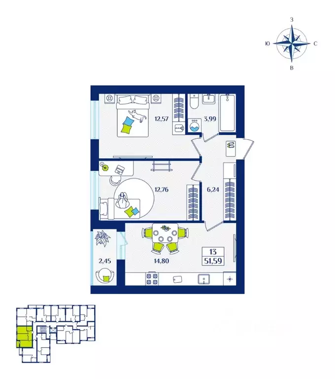 2-к кв. Калининградская область, Зеленоградск  (51.59 м) - Фото 1