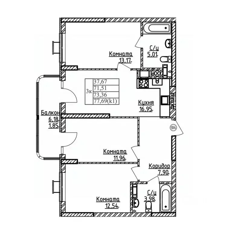 3-к кв. Калининградская область, Калининград ул. Дубовая Аллея (73.36 ... - Фото 1
