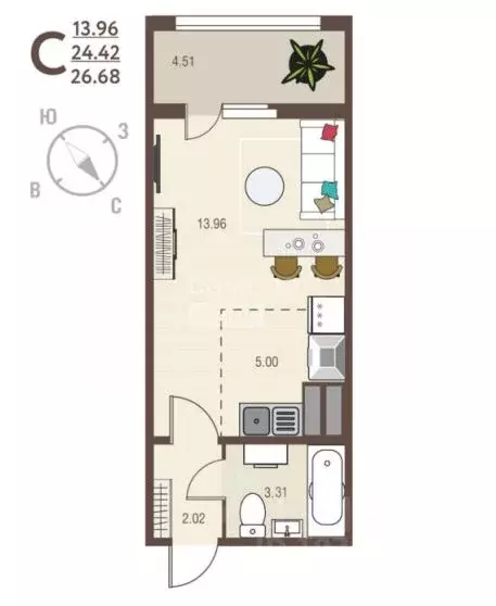 Студия Курская область, Курск ул. Энгельса, 115 (26.68 м) - Фото 2