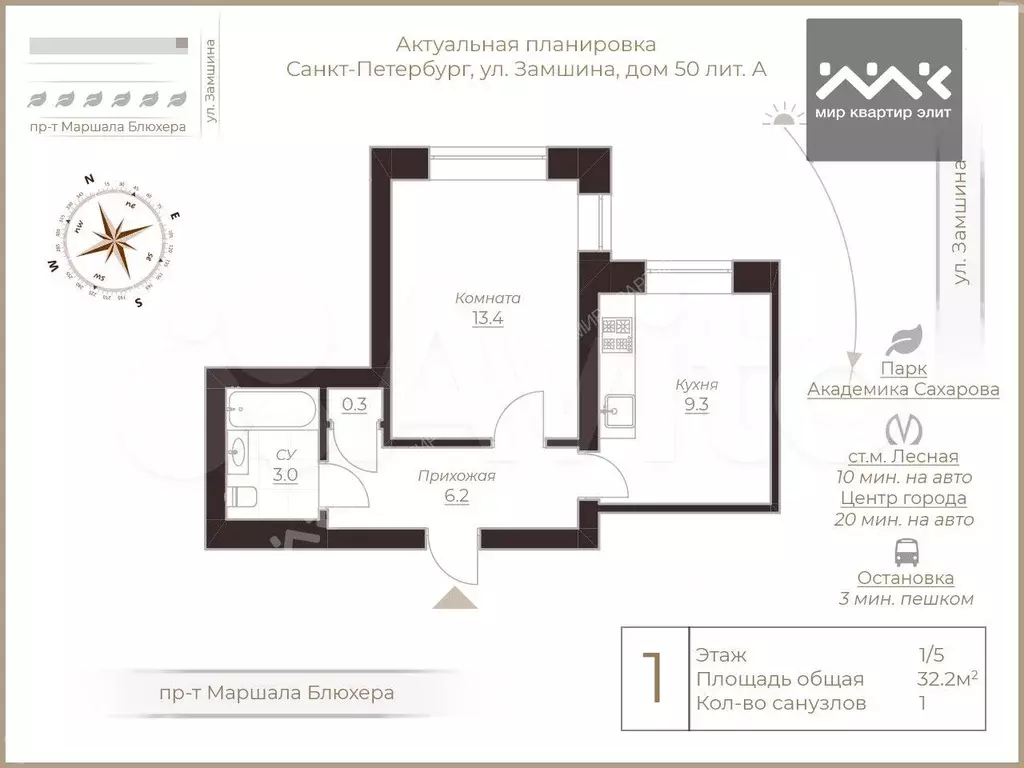 1-к. квартира, 32,2 м, 1/5 эт. - Фото 0