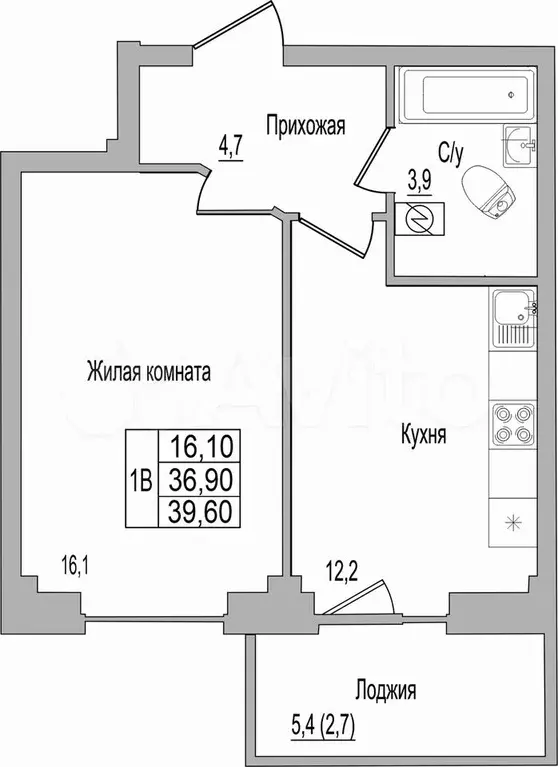 1-к. квартира, 39,6 м, 9/9 эт. - Фото 0