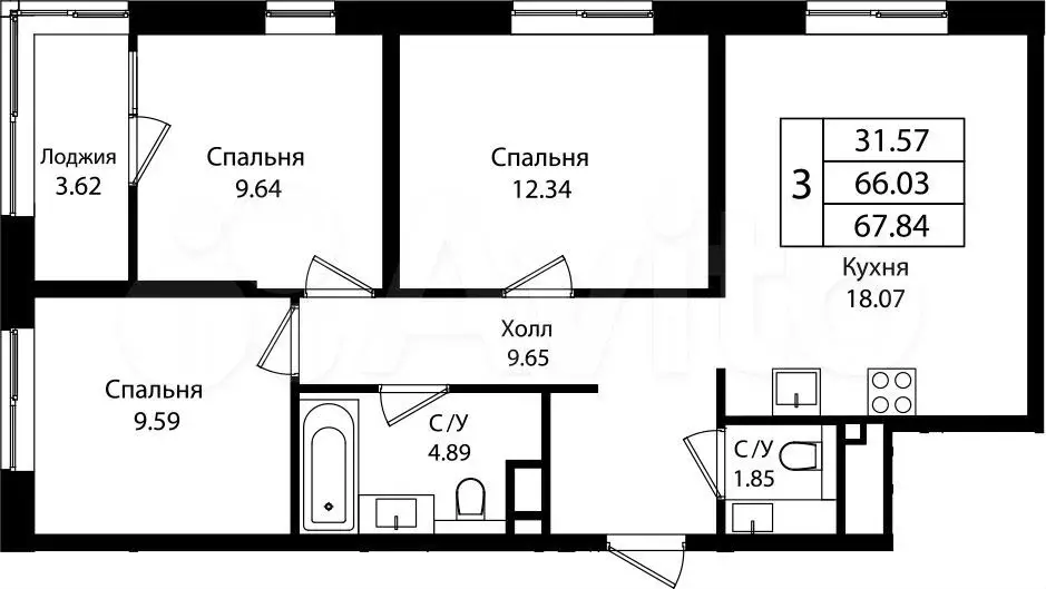 3-к. квартира, 66 м, 6/9 эт. - Фото 0