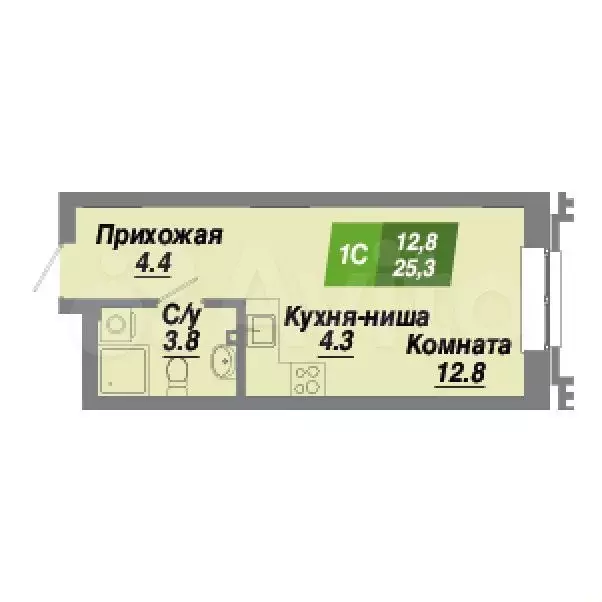 Квартира-студия, 25,3 м, 2/23 эт. - Фото 0