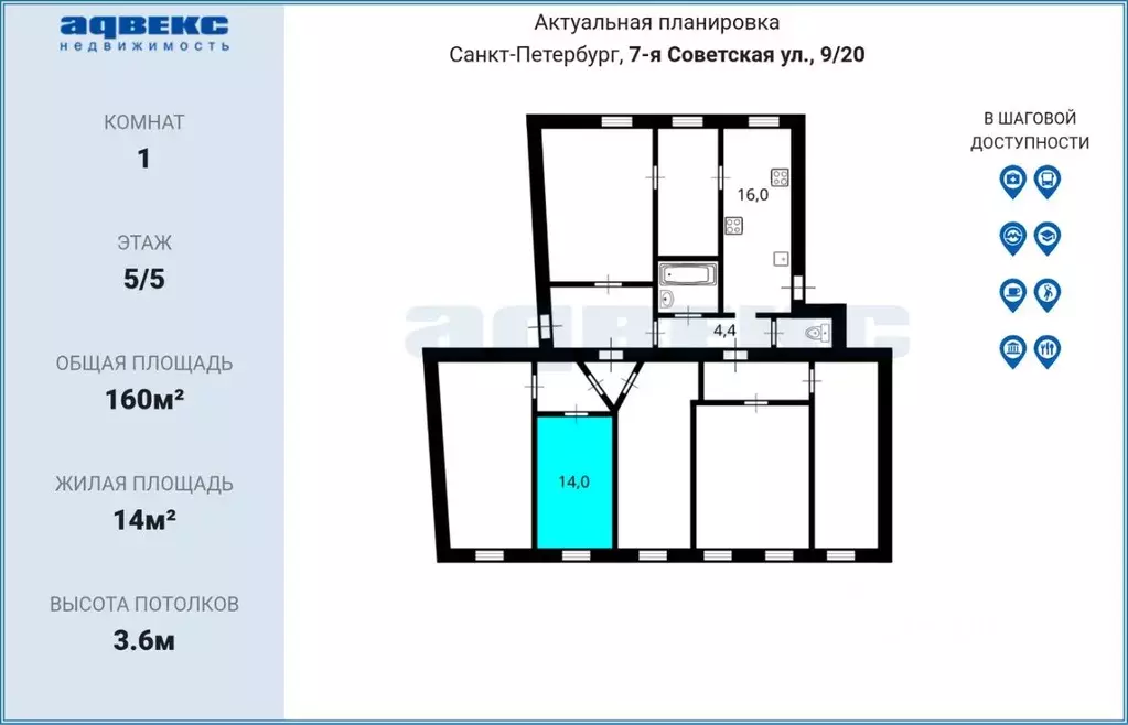 Комната Санкт-Петербург 7-я Советская ул., 9/20 (14.0 м) - Фото 2