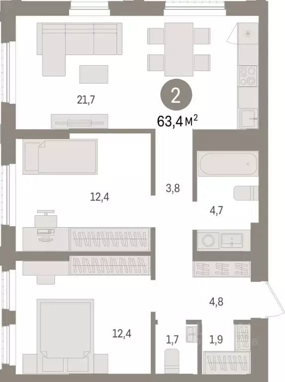 2-к кв. Липецкая область, Липецк пл. Петра Великого, 1 (63.4 м) - Фото 1
