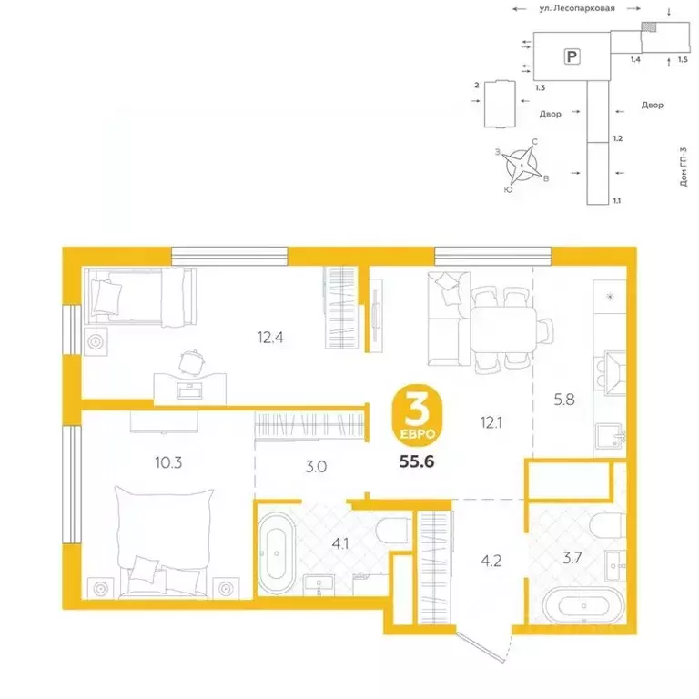3-к кв. Тюменская область, Тюмень ул. Лесопарковая, 22 (55.6 м) - Фото 1