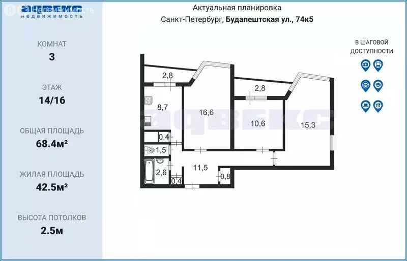 3-комнатная квартира: санкт-петербург, будапештская улица, 74к5 (68.4 . - Фото 0