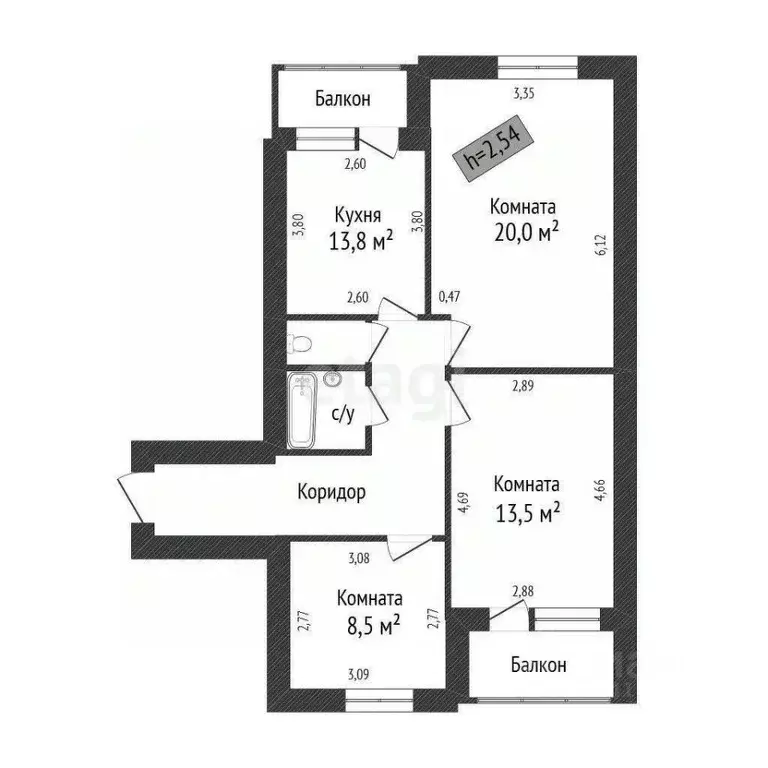 3-к кв. Белгородская область, Белгород Почтовая ул., 62 (68.9 м) - Фото 2