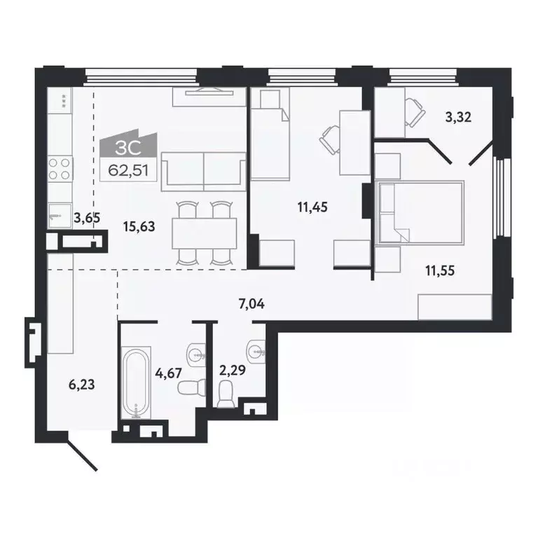 3-к кв. Томская область, Томск Черемошники мкр, ул. Бердская, 14/3 ... - Фото 1