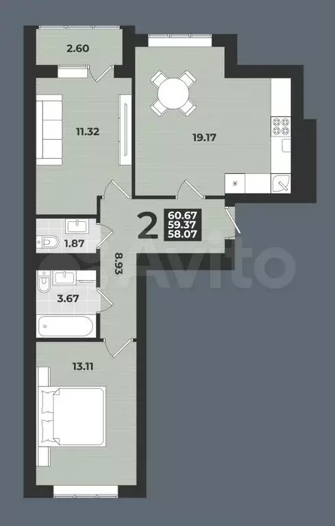 2-к. квартира, 61 м, 3/9 эт. - Фото 1