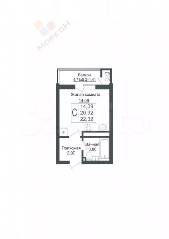 Квартира-студия, 22,7 м, 4/16 эт. - Фото 0