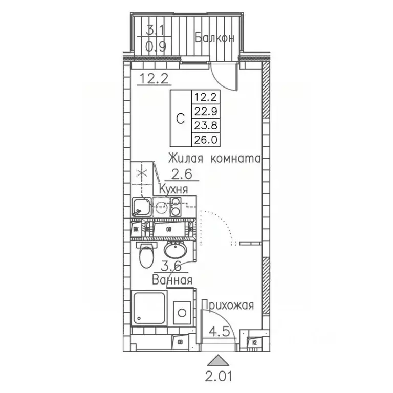 1-к кв. Приморский край, Владивосток ул. Расула Гамзатова, 7к1 (26.0 ... - Фото 1