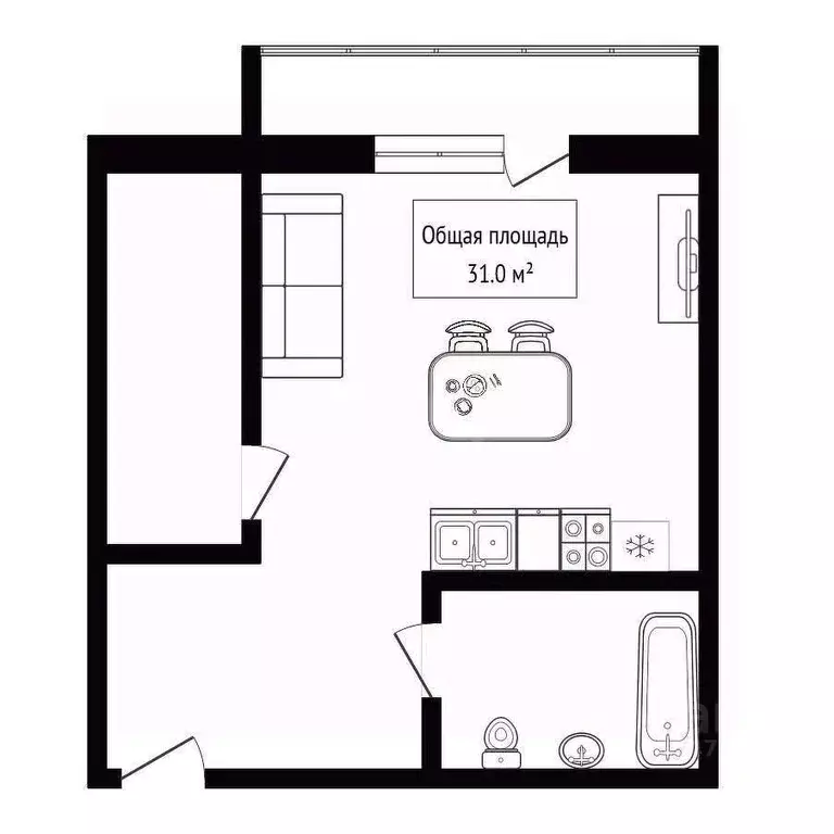 Студия Новосибирская область, Новосибирск ул. Мясниковой, 6/3 (31.0 м) - Фото 2
