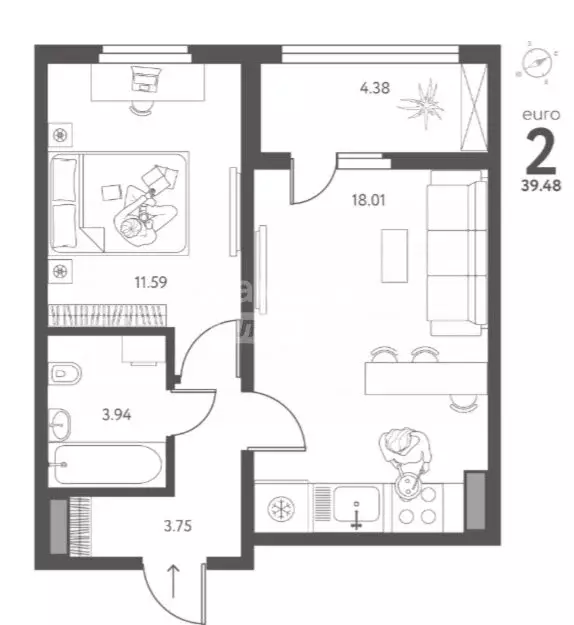 2-комнатная квартира: Липецк, улица Перова, 2Д (39.48 м) - Фото 0