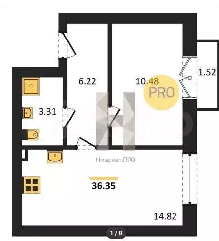 1-к. квартира, 35,3 м, 3/5 эт. - Фото 1