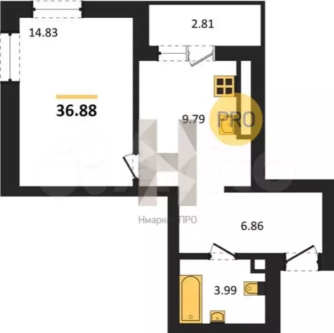 1-к. квартира, 36,9 м, 7/9 эт. - Фото 1